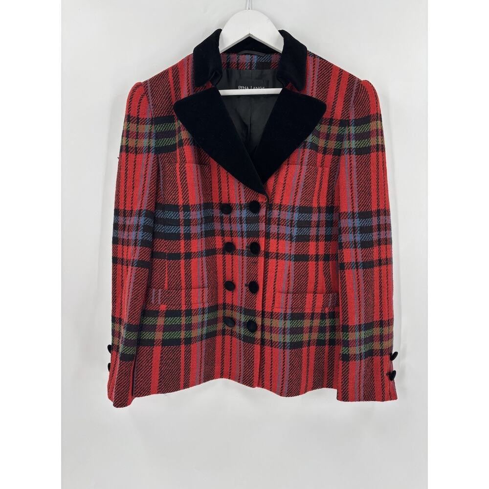 Rena Lange Vintage Jacket Womens 40 Red Black Wool Velvet Plaid Double Breasted